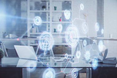 Veri teması çizimi ve ofis içi arka planına çoklu maruz kalma. Teknoloji kavramı.
