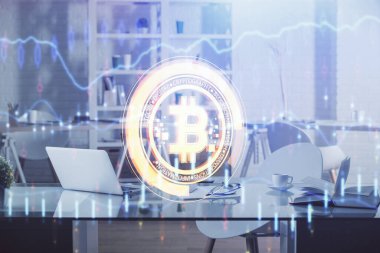 Kripto teknolojisi temalı çizim ve ofis içi arka planına çifte maruz kalma. Engelleme zinciri kavramı.