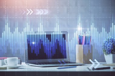 Arka planda eski pazar grafik hologramı ve kişisel bilgisayar var. Çoklu maruz kalma. Yatırım kavramı.