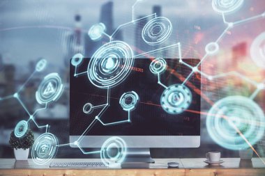 Sosyal ağ tema simgesi olan masaüstü bilgisayarı. Çoklu maruz kalma. Uluslararası bağlantılar kavramı.