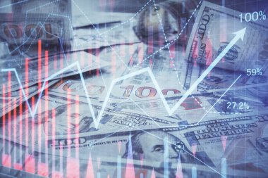 Forx grafiğinin çok sayıda görüntüsü bize dolar banknotları arka planında görünüyor. Finansal başarı piyasası kavramı.