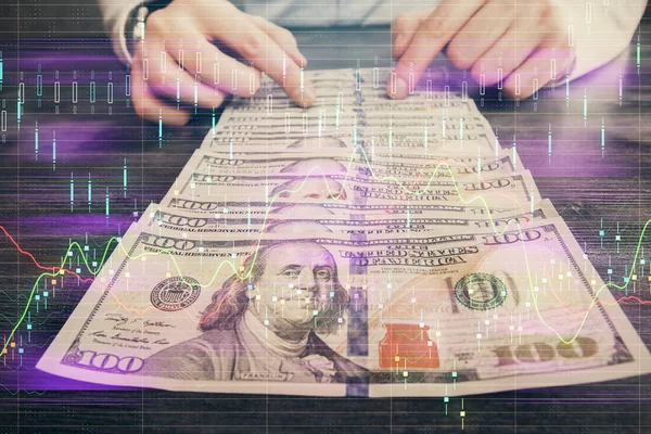 Wielokrotna Ekspozycja Wykresu Forex Rysunek Hologramu Usa Dolarów Rachunków Rąk — Zdjęcie stockowe