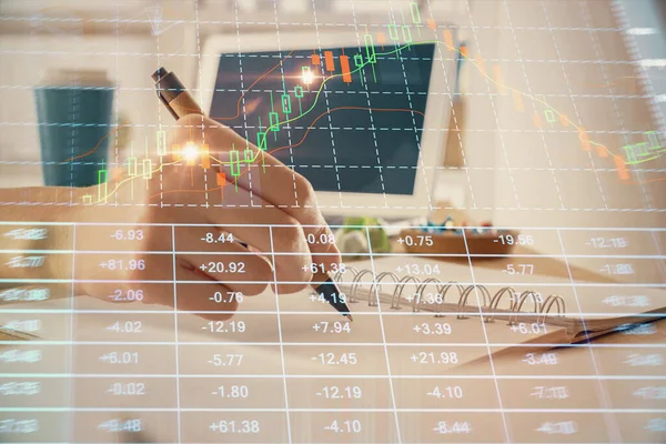 Finansal Forex grafiği el notları arka plan alarak çizilmiş. Araştırma kavramı. Çoklu pozlama