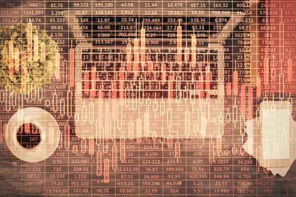 株式市場のチャートと表の背景にあるトップビューコンピュータ 多重露光 金融分析の概念 — ストック写真