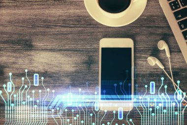 Çalışma masasının üzerine teknoloji teması çizimi çifte pozlama. Üst Manzara. Küresel veri analiz kavramı.