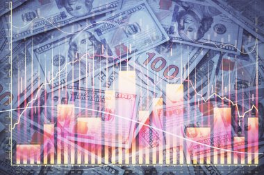 Önx grafiğinin arka plandaki dolarları iki katına çıkarması. Finans piyasası kavramı.