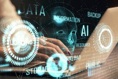 Bilgisayar ve veri temalı hologram çizimleri üzerinde çalışan kadın ellerine çok fazla maruz kalma. Teknoloji kavramı.