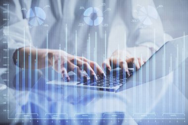 Bilgisayarda ve ön x grafik hologram çiziminde kadın eli yazarken çift pozlama. Borsa yatırım kavramı.