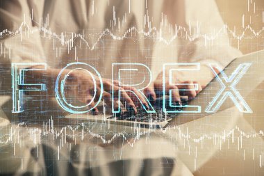 Bilgisayarda ve ön x grafik hologram çiziminde kadın eli yazarken çift pozlama. Borsa yatırım kavramı.