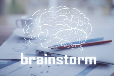 Ofisteki masaüstü bilgisayar arkaplanı ve tema hologram çizimini başlat. Çifte maruziyet. Başlangıç konsepti.