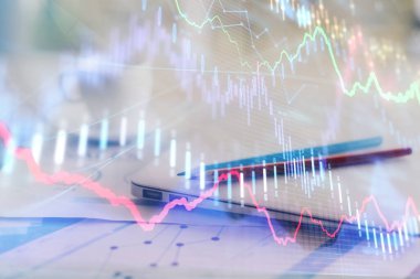 Bilgisayar geçmişi olan eski grafik hologramı. Çifte maruziyet. Finans piyasası kavramı.