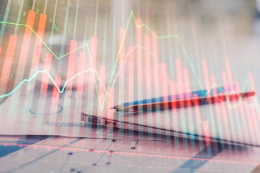 Bilgisayar geçmişi olan eski grafik hologramı. Çifte maruziyet. Finans piyasası kavramı.