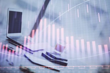 Bilgisayar geçmişi olan eski grafik hologramı. Çoklu maruz kalma. Finans piyasası kavramı.