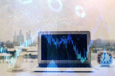 Bilgisayar geçmişi olan eski grafik hologramı. Çoklu maruz kalma. Finans piyasası kavramı.