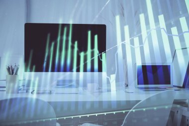 Bilgisayar geçmişi olan eski grafik hologramı. Çoklu maruz kalma. Finans piyasası kavramı.