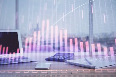 Bilgisayar geçmişi olan eski grafik hologramı. Çoklu maruz kalma. Finans piyasası kavramı.