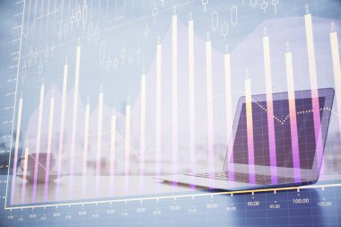 Bilgisayar geçmişi olan eski grafik hologramı. Çoklu maruz kalma. Finans piyasası kavramı.