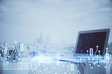 Bilgisayar ve teknoloji temalı holograma çifte maruz kalma. Serbest çalışma kavramı.