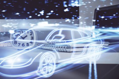 Otomobil hologramı çizimi olan masaüstü bilgisayar arkaplanı. Çoklu maruz kalma. Teknoloji kavramı.