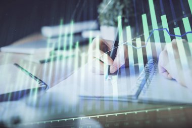 Finansal Forex grafiği el notları arka plan alarak çizilmiş. Araştırma kavramı. Çoklu pozlama