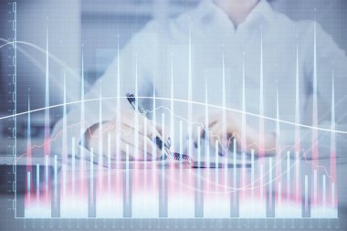 Finansal grafik el notları arka plan alarak üzerinde çizilmiş. Araştırma kavramı. Çoklu pozlama