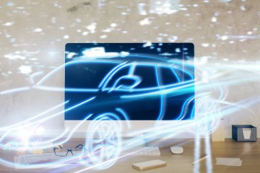 Otomobil hologramı çizimi olan masaüstü bilgisayar arkaplanı. Çoklu maruz kalma. Teknoloji kavramı.