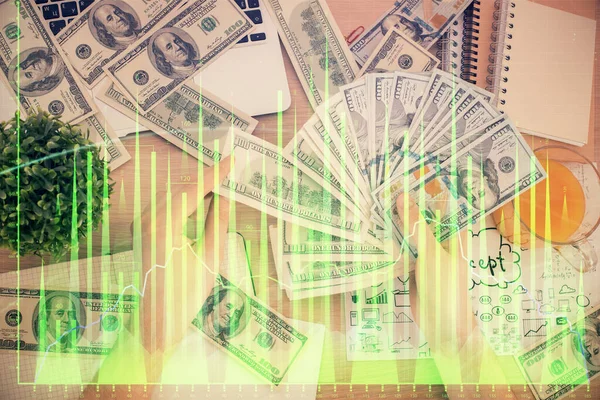 Мультиэкспозиция Финансовых Графиков Рисующих Голограммы Долларовые Купюры Сша Человеческие Руки — стоковое фото