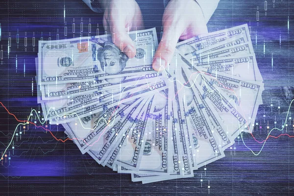 Mehrfachbelichtung Von Finanzgraphen Die Hologramme Und Dollarscheine Und Menschenhände Zeichnen — Stockfoto