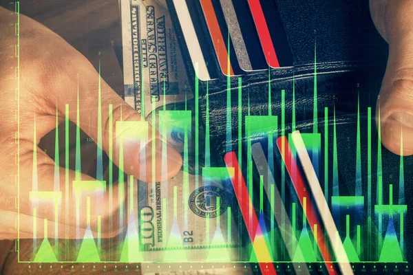 Мультиэкспозиция Форекс График Рисования Голограммы Доллары Сша Купюры Руки Человека — стоковое фото