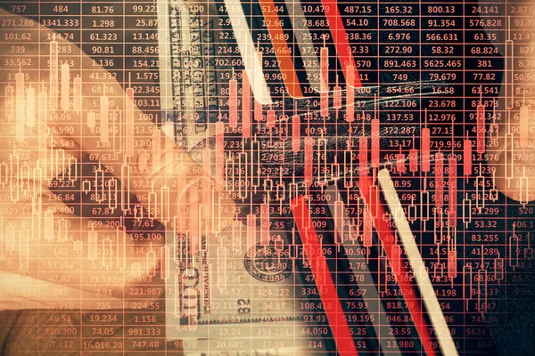 Mehrfachbelichtung Von Forex Graphen Mit Hologramm Und Dollarscheinen Und Menschenhänden — Stockfoto