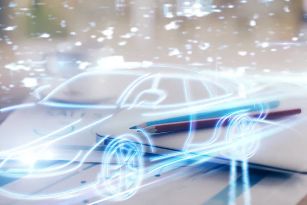 Фон Настольного Компьютера Офисе Рисунком Автомобильной Голограммы Множественное Воздействие Технологическая — стоковое фото