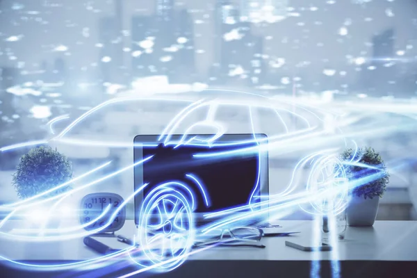 Фон Настольного Компьютера Офисе Рисунком Автомобильной Голограммы Множественное Воздействие Технологическая — стоковое фото