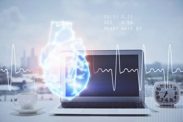 Desktop Computer Background Heart Drawing Double Exposure Medical Study Healthcare — Stock Photo, Image