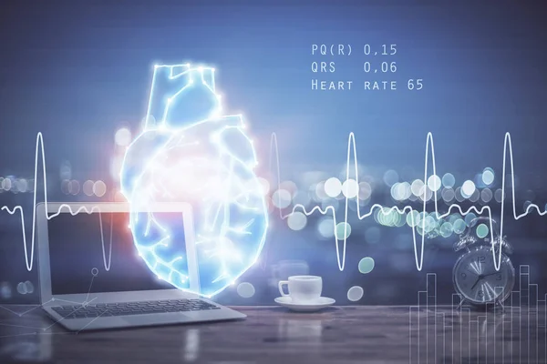 デスクトップコンピュータの背景と心臓の図面 露出を2倍 医学研究と医療の概念 — ストック写真