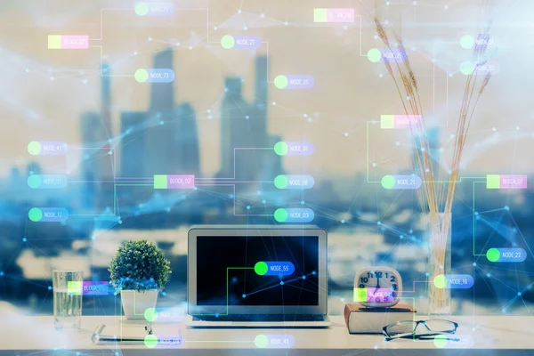 Multi Exposure Table Computer Background Data Theme Drawing Concept Innovation — Stock Photo, Image