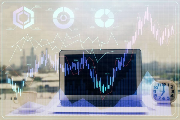 Gráfico Mercado Ações Segundo Plano Com Mesa Computador Pessoal Exposição — Fotografia de Stock