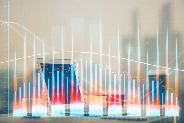 Burzovní Graf Pozadí Psacím Stolem Osobním Počítačem Multi Expozice Koncepce — Stock fotografie