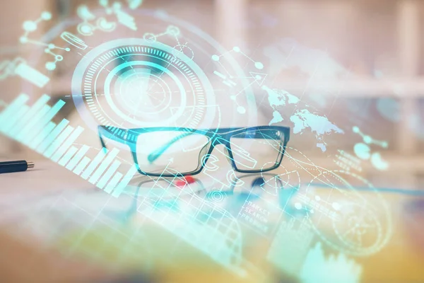 Business Theme Hologram Glasses Table Background Concept Search Double Exposure — Stock Photo, Image