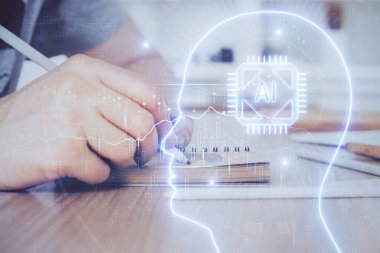 Erkek eli geçmişi olan beyin çoklu pozlama ikonu. Öğrenme kavramı.