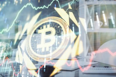 Kripto teknolojisi temalı çizim ve ofis içi arka planına çifte maruz kalma. Engelleme zinciri kavramı.