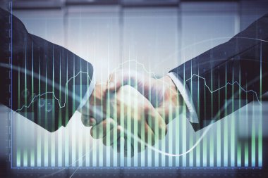 Forx grafik hologramı ve iki adamın el sıkışması. Borsa konsepti.