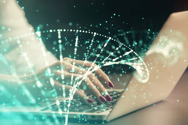 Double Exposure Woman Hands Typing Computer Dna Hologram Drawing Medical — Stock Photo, Image