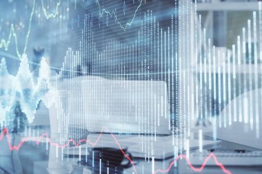 Borsa grafik çizimi ve ofis içi arka planının iki katına çıkarılması. Mali analiz kavramı.