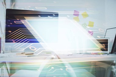 Veri teması çizimi ve ofis içi arka planına çifte maruz kalma. Teknoloji kavramı.