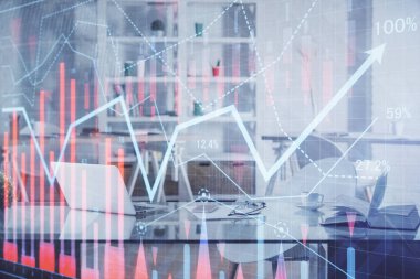 Hisse senedi borsası çizimine ve ofis iç planına çok maruz kalmış. Mali analiz kavramı.