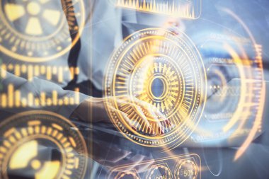 Bilgisayar ve teknoloji temalı çizimlerde kadın elinin çifte pozlanması. Yüksek Teknoloji kavramı.