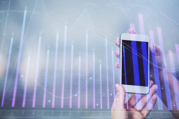 stock image Double exposure of forex graph sketch hologram and woman holding and using a mobile device. Stock market concept.