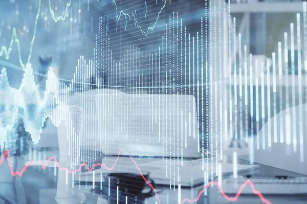 Borsa grafik çizimi ve ofis içi arka planının iki katına çıkarılması. Mali analiz kavramı.