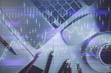 Bilgisayarla arka plan üzerine iki kat mali şema çizimi. Araştırma ve analiz kavramı. Üst görünüm.