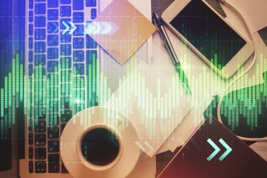 Bilgisayarla arka plan üzerine iki kat mali şema çizimi. Araştırma ve analiz kavramı. Üst görünüm.